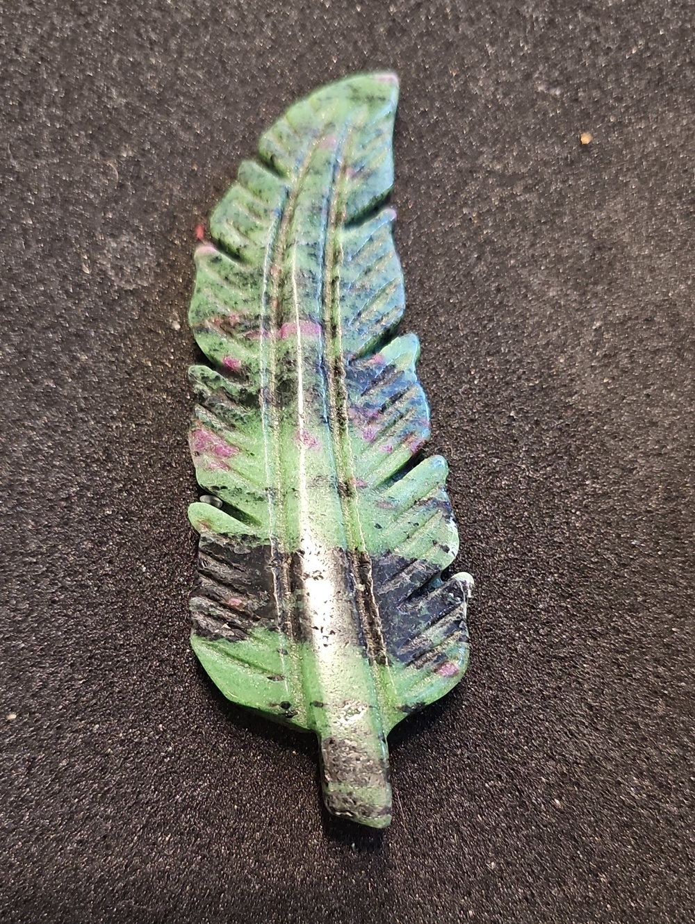 Feather carving From Ruby Kyanite  in Green with Black Accents
